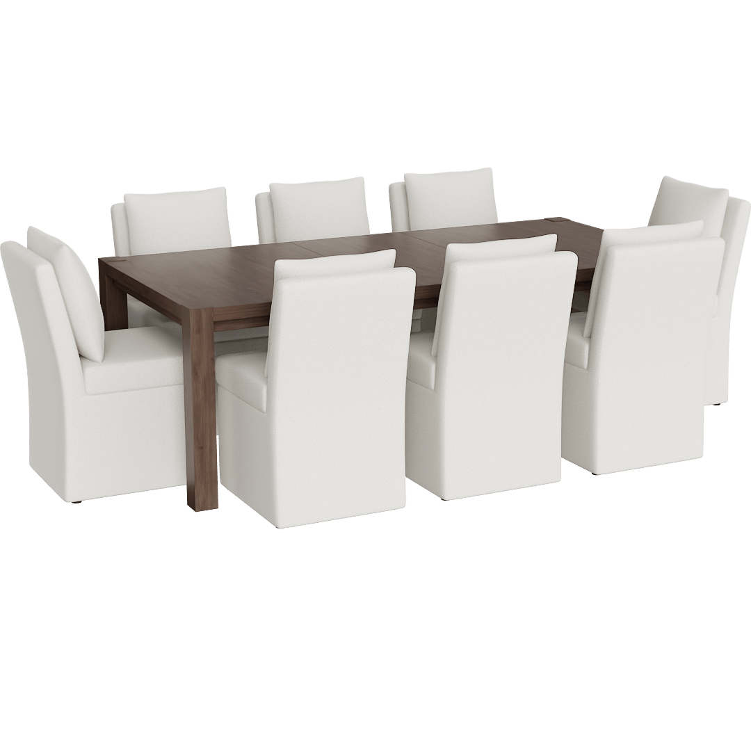 Sawyer Brown Walnut Wood 68-88'' Extendable Rectangular Parsons Dining Table With Mara II Modern Cream Upholstered Armless Chair With Wheels Set For 8