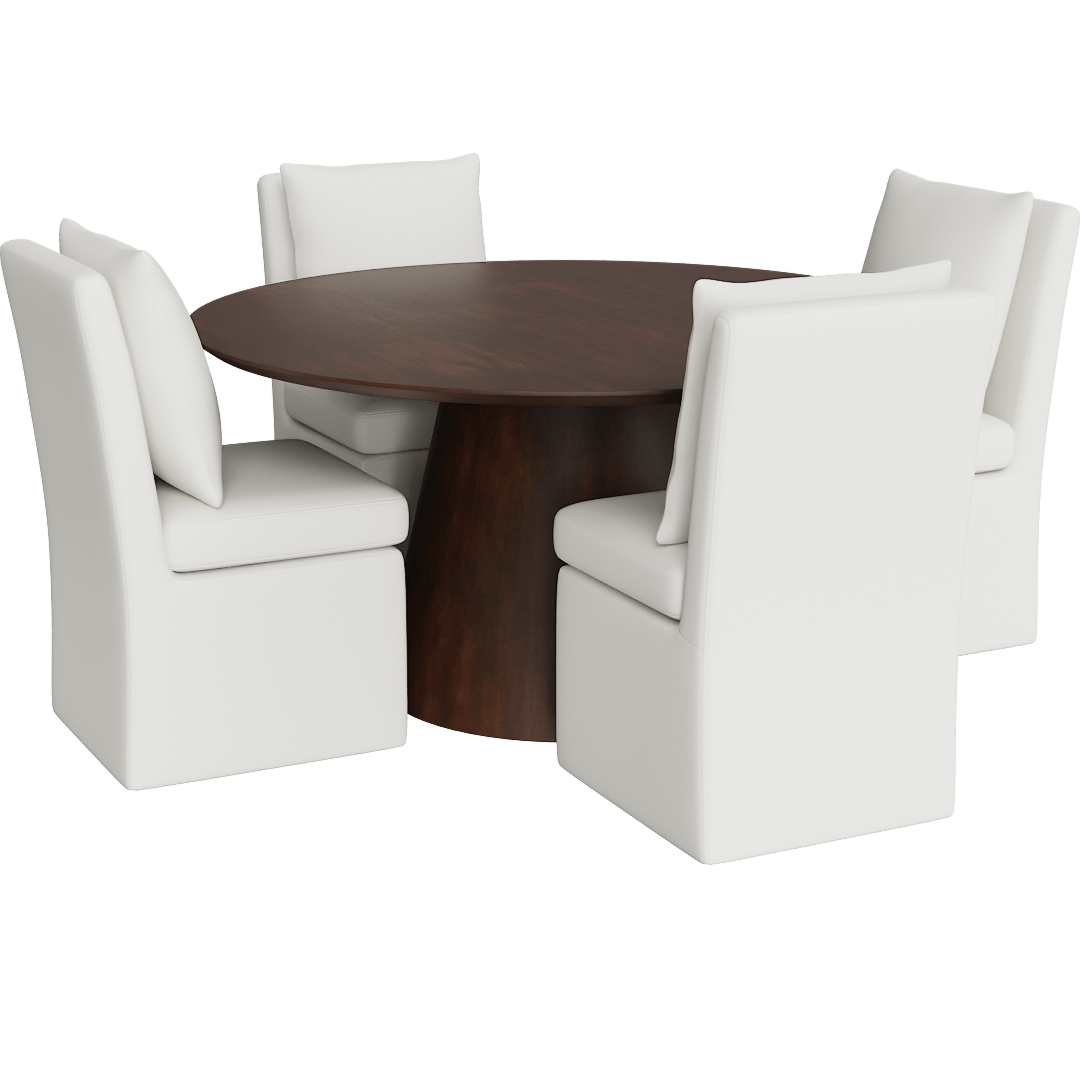 Draper Walnut Mid-Century Modern Round 59 Pedestal Dining Table With Mara II Modern Cream Upholstered Armless Chair With Wheels Set For 4