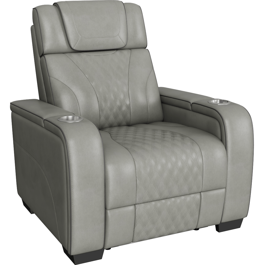 Greeley Grey Leather 37 Power Reclining Chair With Power Headrest Storage Arms With Cup Holders Air Massage And Heat Led Lighting And Charging Ports