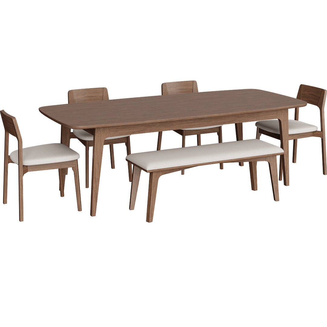 Casey Walnut Wood Self Storing Butterfly Leaf Extendable 72-90 Rectangular Dining Table With 4 Upholstered Side Chairs And Upholstered Bench