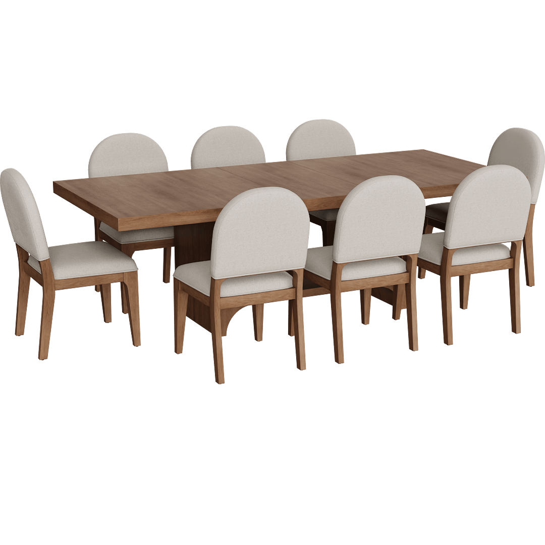 Westwood Brown + Cream Acacia Wood 78-96 Extendable Rectangular Pedestal Open Base Dining Table + Cream Upholstered Performance Fabric Curved Back Dining Chairs Set For 8
