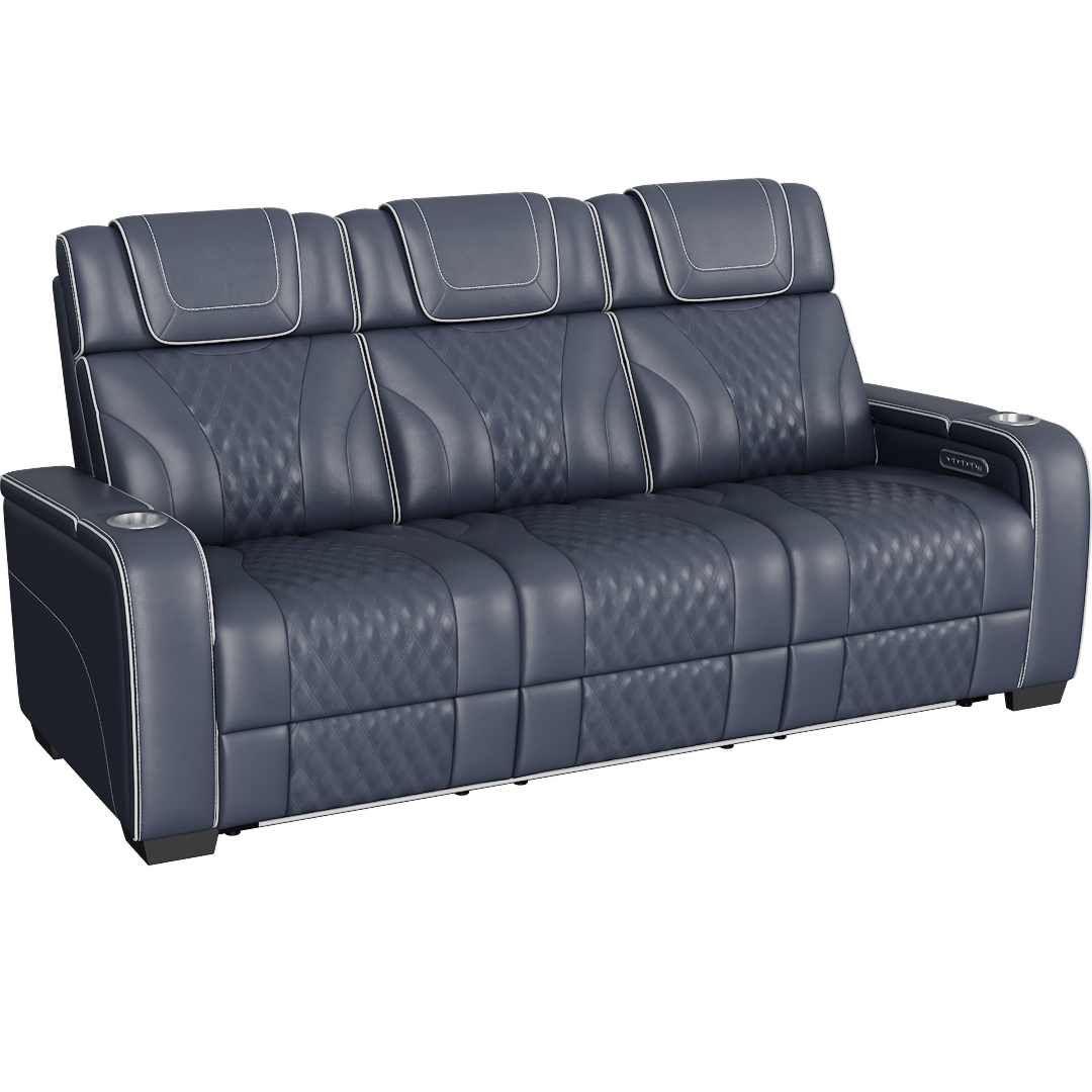 Greeley 84.5" Power Double Reclining Sofa With Center Drop-Down Cup Holders Power Headrests Storage Arms With Cup Holders Reading Lights Wireless Charger Air Massage And Heat Led Lighting And Charging Ports, Blue Leather