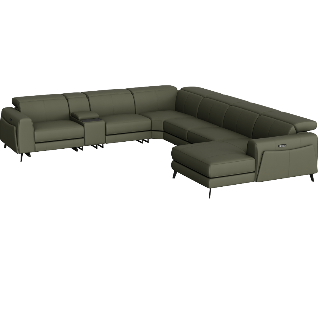 Cullen Leather 156" 7 Piece Power Zero Gravity Reclining Modular Sectional With Console Right Arm Facing Chaise Power Headrest Storage Hidden Cupholders & USB, Olive Green