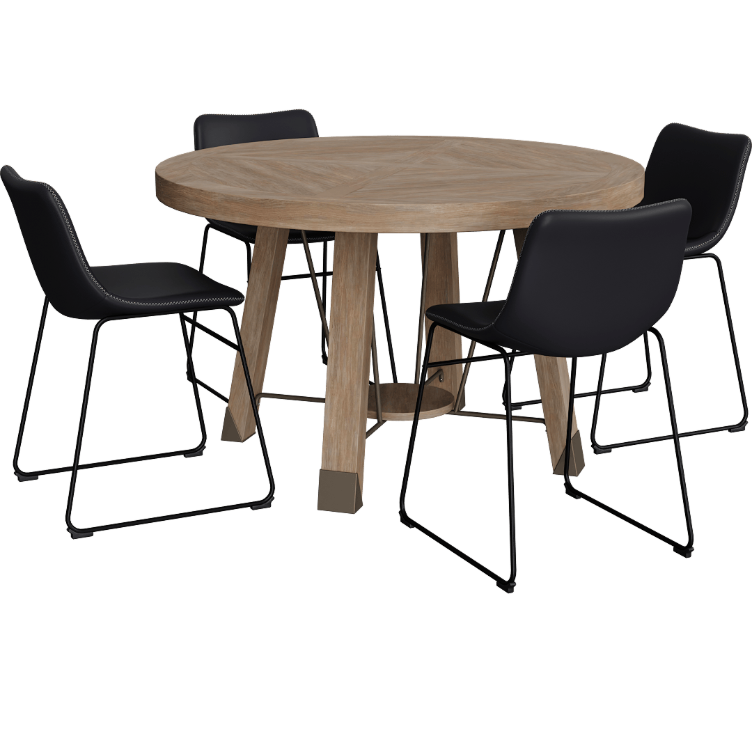 Luis Natural Wood + Metal 48 Herrinbone Pattern Top Round Dining Table With Cobbler Black Faux Leather Bucket Seat With Baseball Stitch Dining Side Chair Set For 4