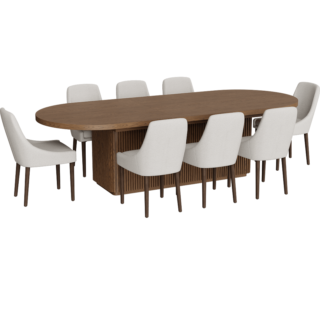 Kissa Brown Wood 90-108 Oval Extendable Reeded Plinth Base Dining Table With Nora Ivory Boucle Swoop Arm Dining Side Chairs Set For 8