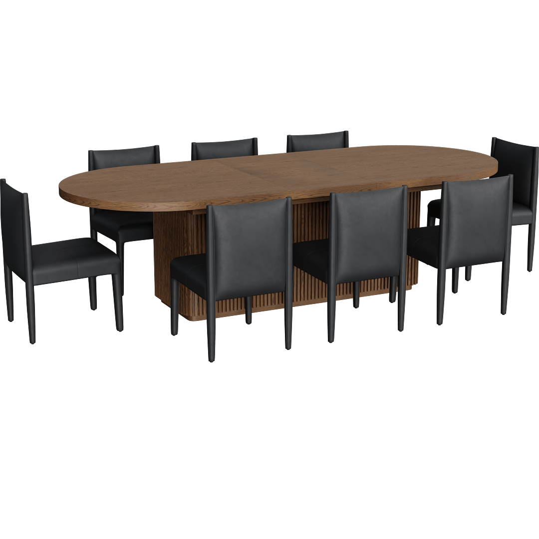 Kissa Brown Wood 90-108 Oval Extendable Reeded Plinth Base Dining Table With Citra Black Fully Upholstered Faux Leather Dining Chair Set For 8