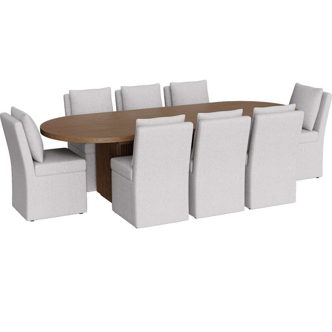 Kissa Brown Wood 90-108 Oval Extendable Reeded Plinth Base Dining Table With Mara II Modern Grey Upholstered Armless Chair With Wheels Set For 8