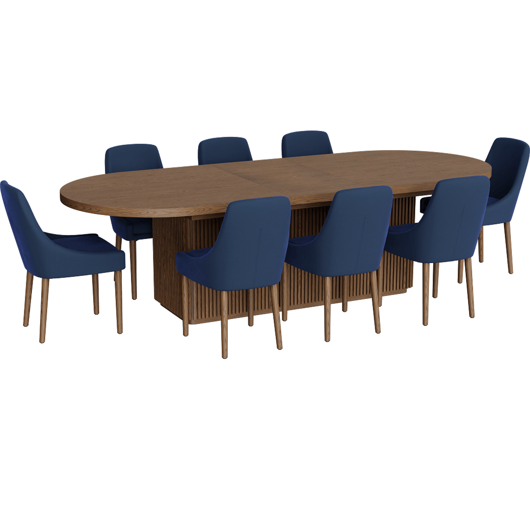 Kissa Brown Wood 90-108 Oval Extendable Reeded Plinth Base Dining Table With Nora Blue Navy Fabric Swoop Arm Dining Side Chair Set For 8