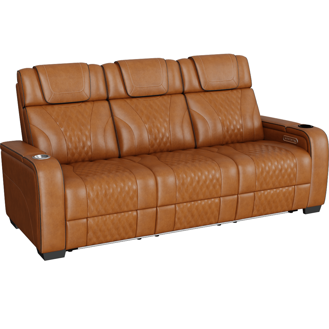 Greeley Brown Leather 84.5 Power Double Reclining Sofa With Center Drop-Down Cup Holders Power Headrests Storage Arms With Cup Holders Reading Lights Wireless Charger Air Massage And Heat Led Lighting And Charging Ports