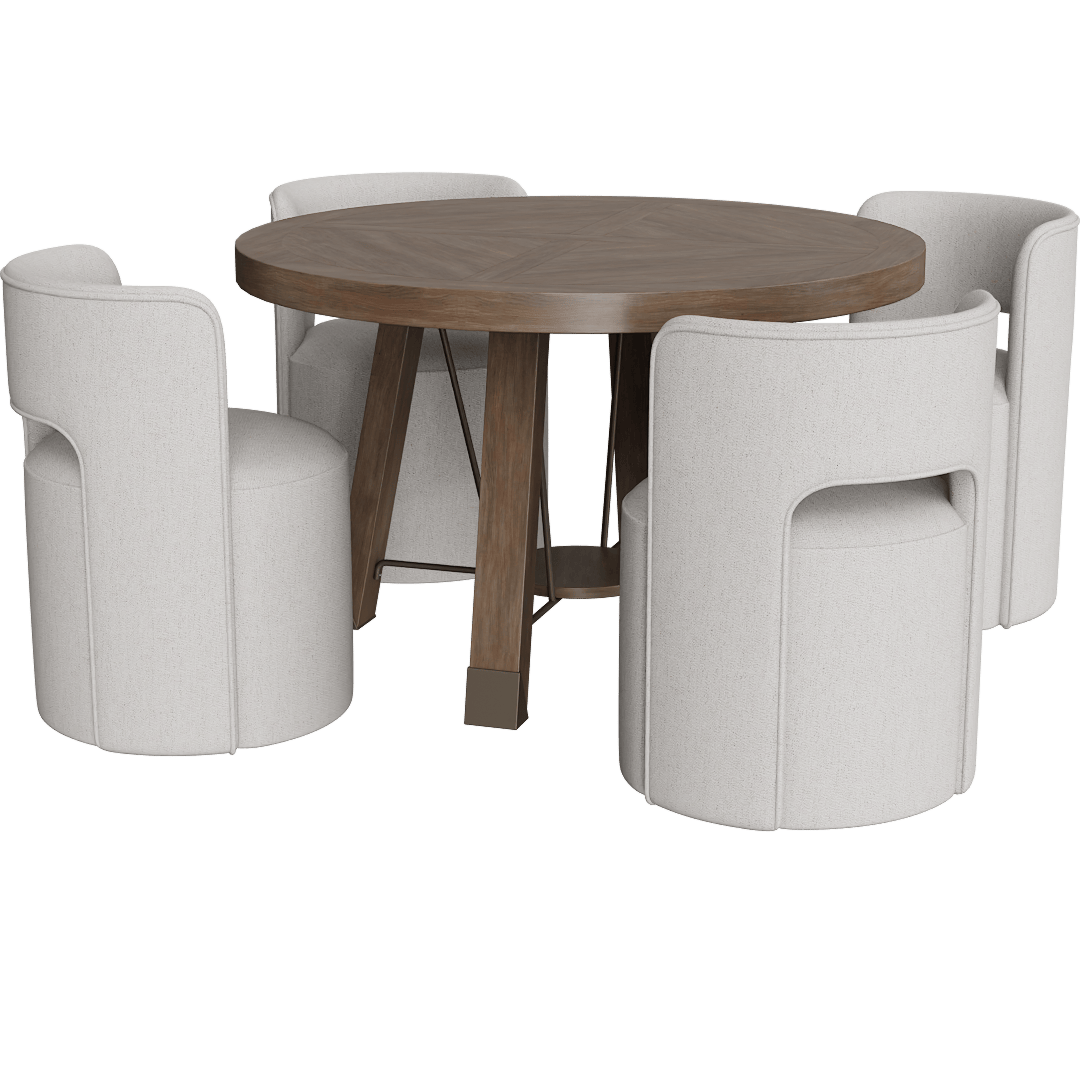 Luis Natural Wood + Metal 48 Herringbone Pattern Top Round Dining Table With Mika Cream Upholstered Cut Out Curved Back Barrel Dining Chair With Wheels Set For 4