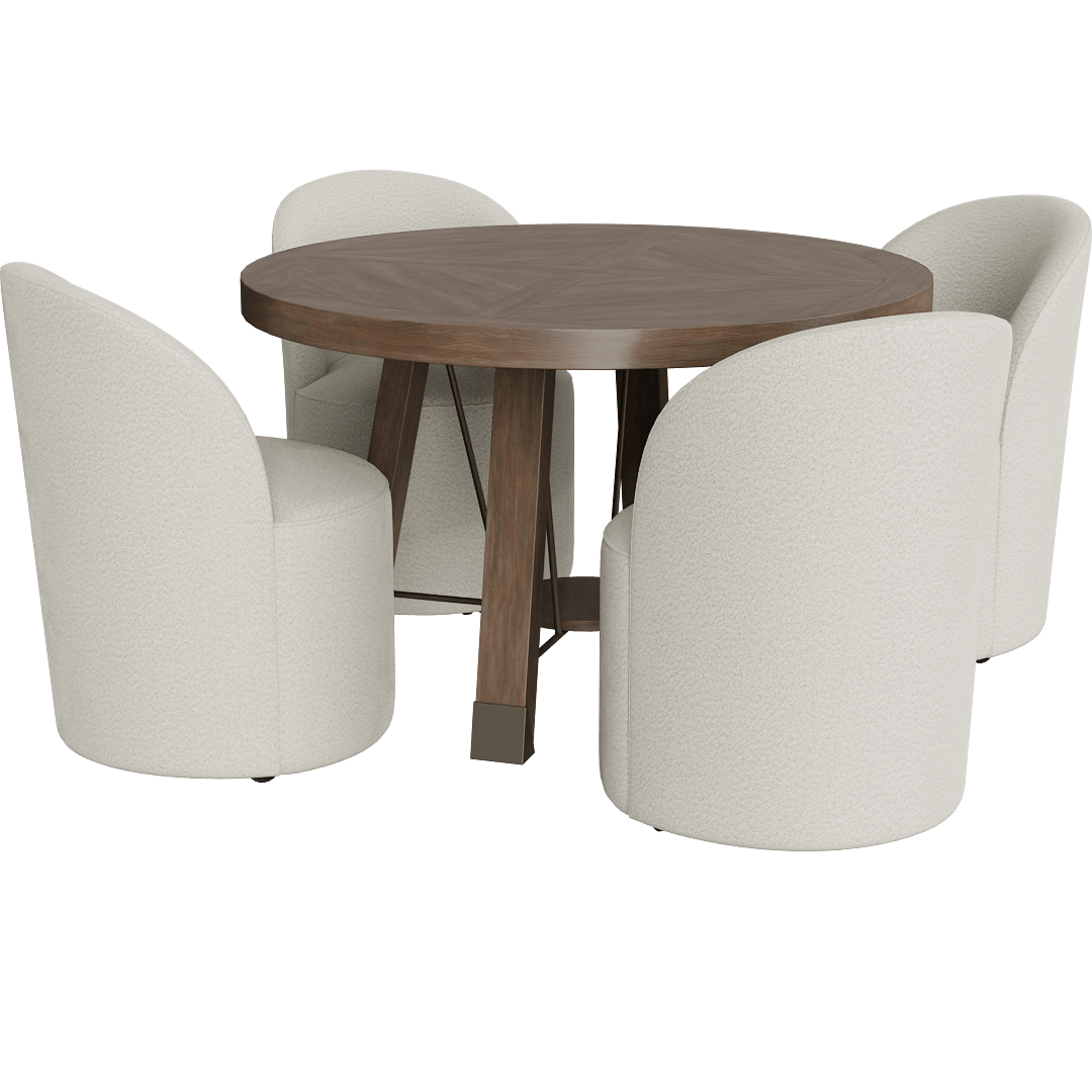 Luis Natural Wood + Metal 48 Herrinbone Pattern Top Round Dining Table With Mira II Modern Barrel Back White Boucle Dining Chair With Wheels Set For 4