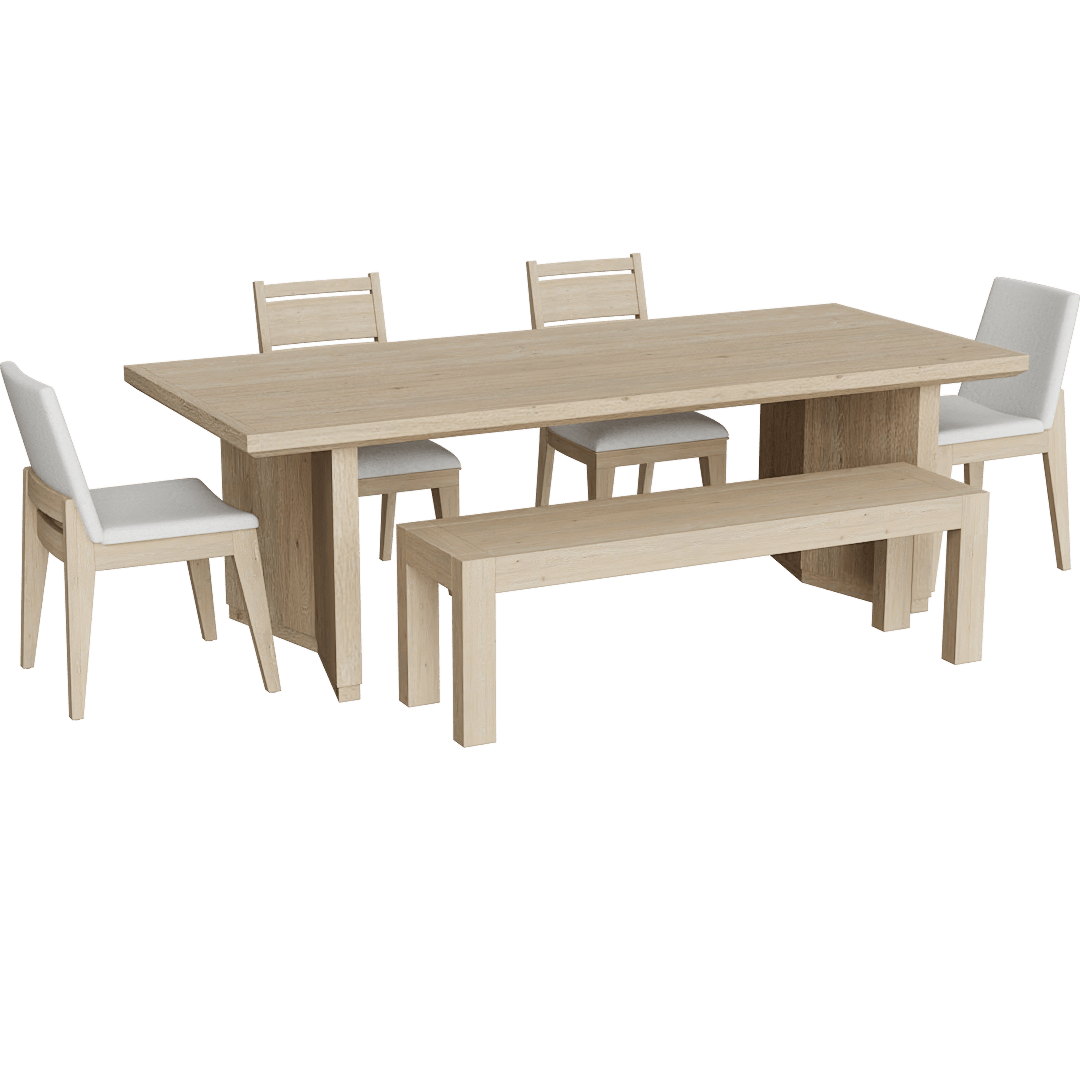 Voyage Rectangular 94" Trestle Dining Table With Bench Wood Back + Upholstered Dining Table Chairs Set For 6 By Nate Berkus + Jeremiah Brent, Natural
