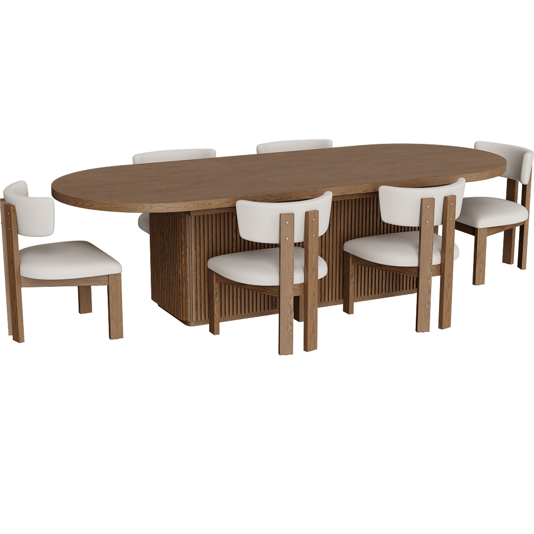Kissa Brown Wood 90-108" Oval Extendable Reeded Plinth Base Dining Table With Cream Upholstered Curved Back Performance Fabric Dining Chairs Set For 6