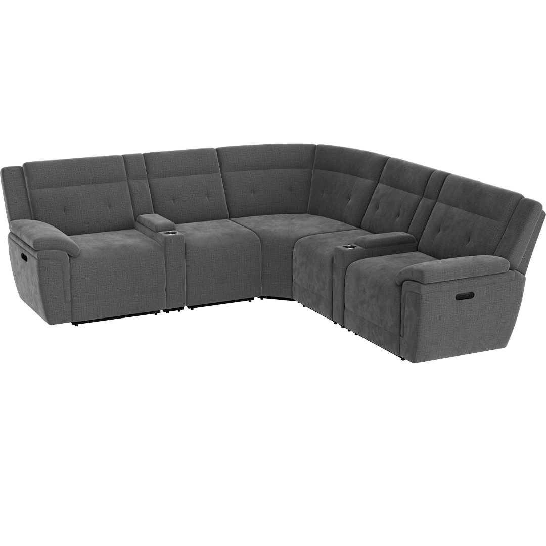 Justice 113" 7 Piece Power Reclining Sectional With Power Headrests Storage Cupholders & USB, Grey Polyester Performance Fabric