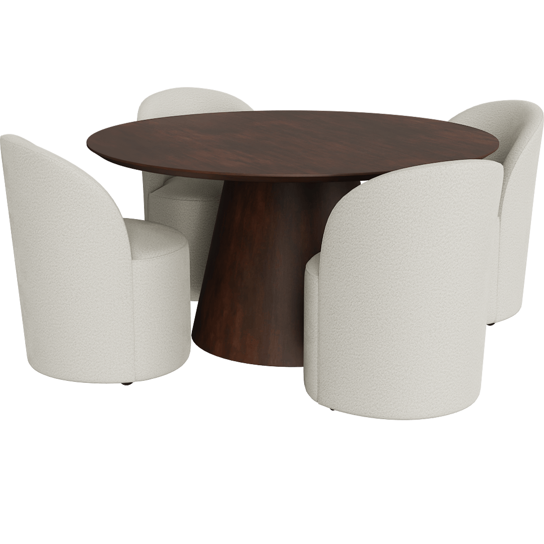 Draper Walnut Mid-Century Modern Round 59 Pedestal Dining Table With Mira II Modern Barrel Back White Boucle Dining Chair With Wheels Set For 4