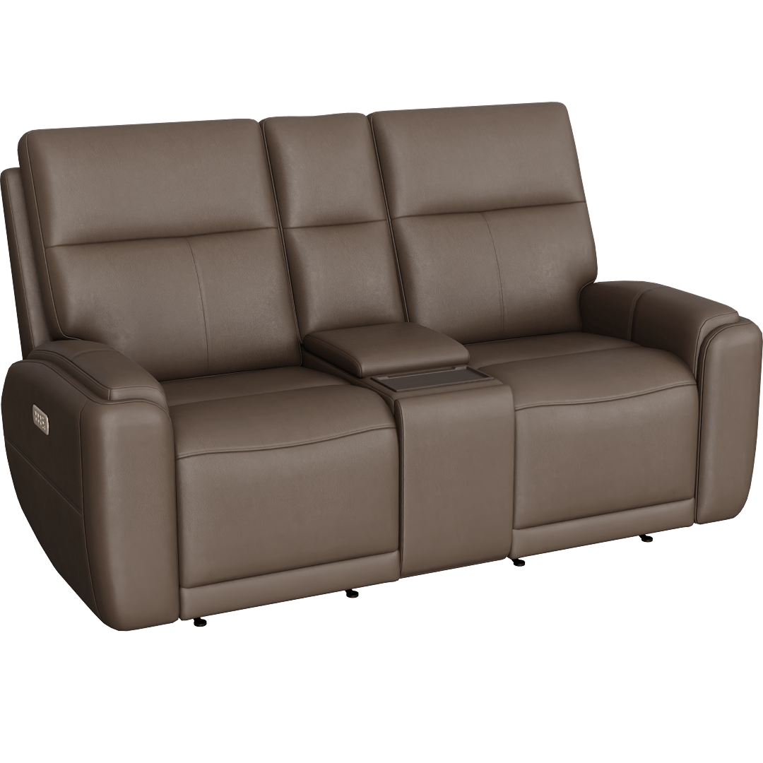 Kinsey Leather Flexsteel 75 Power Zero Gravity Reclining Console Loveseat With Power Headrest Power Lumbar Heat & Massage, Cocoa