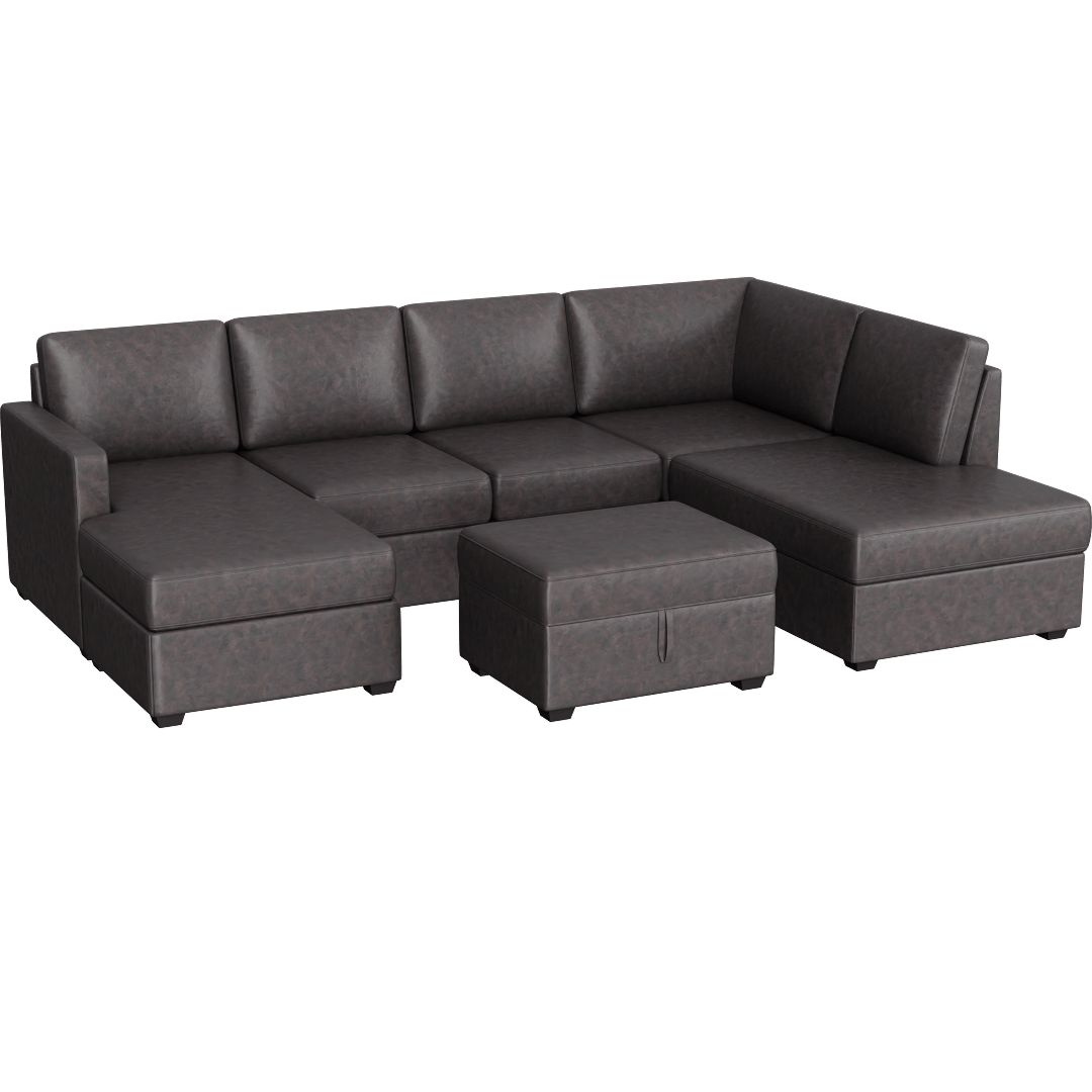 Mathers Grey Brown Vegan Faux Leather 2 Piece Sectional With Left Arm Facing Sofa Chaise + Right Arm Facing Corner Chaise & Ottoman