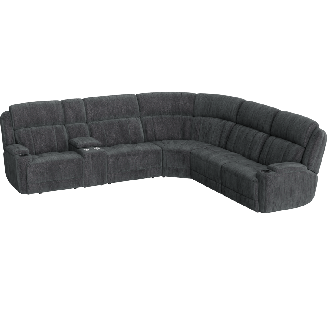 Elisa 6 Piece Power Reclining Sectional With Power Headrest, Wireless Charging, Storage, Cupholders, Light & USB, Charcoal Grey