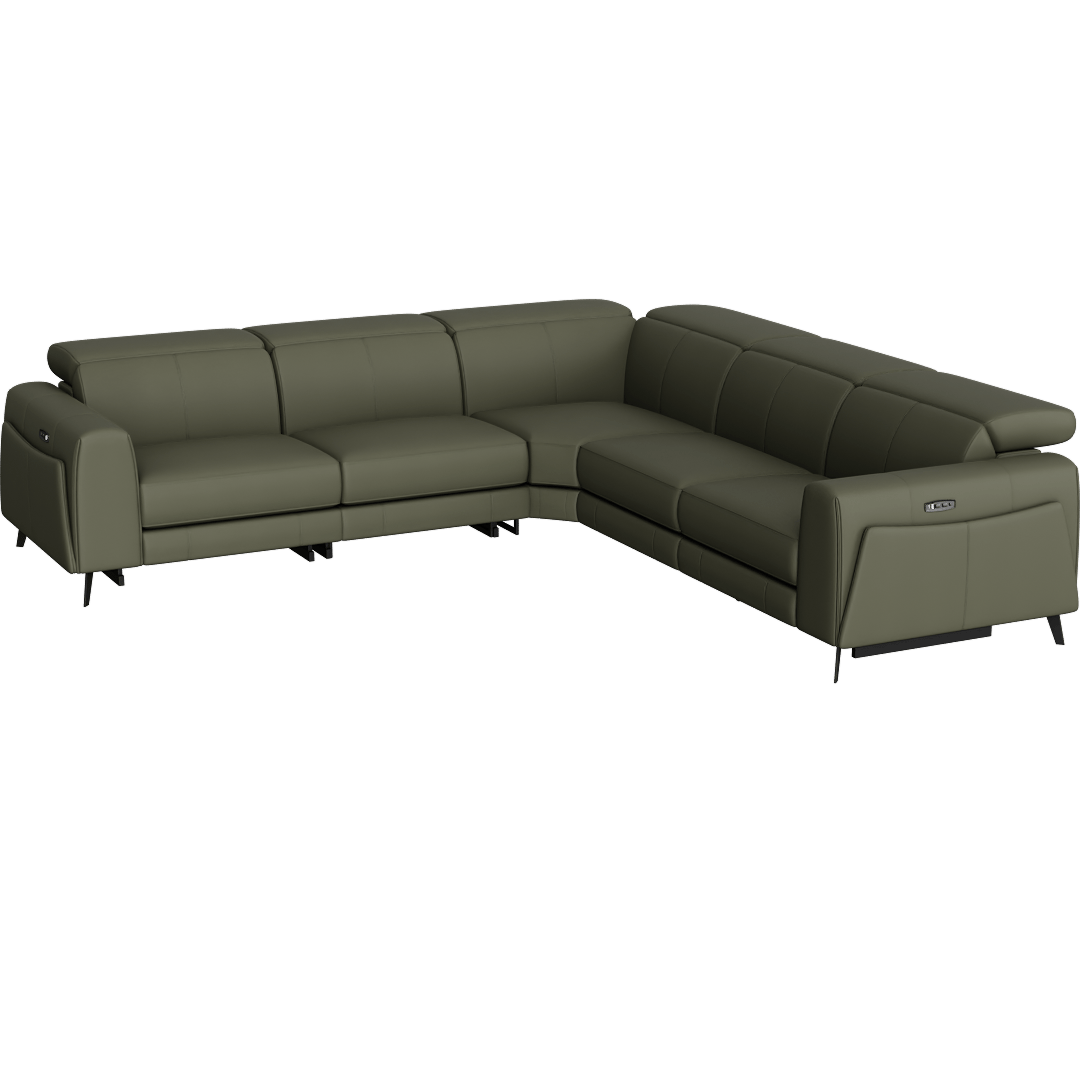 Cullen Leather 114" 5 Piece Power Zero Gravity Reclining Modular Sectional With Armless Recliner Armless Chair Power Headrest Storage Hidden Cupholders & USB, Olive Green