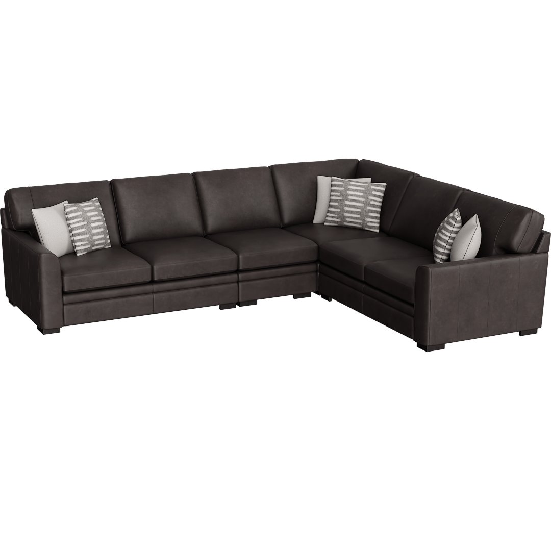 Greer Brown / Grey Leather 4 Piece 133 Modular L-Shaped Sectional With Right Arm Facing & Left Arm Facing Loveseat Armless Chair and Corner