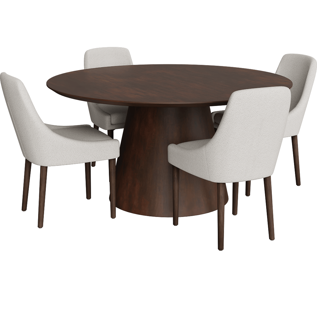 Draper Walnut Mid-Century Modern Round 59 Pedestal Dining Table With Nora Ivory Boucle Swoop Arm Dining Side Chair Set For 4