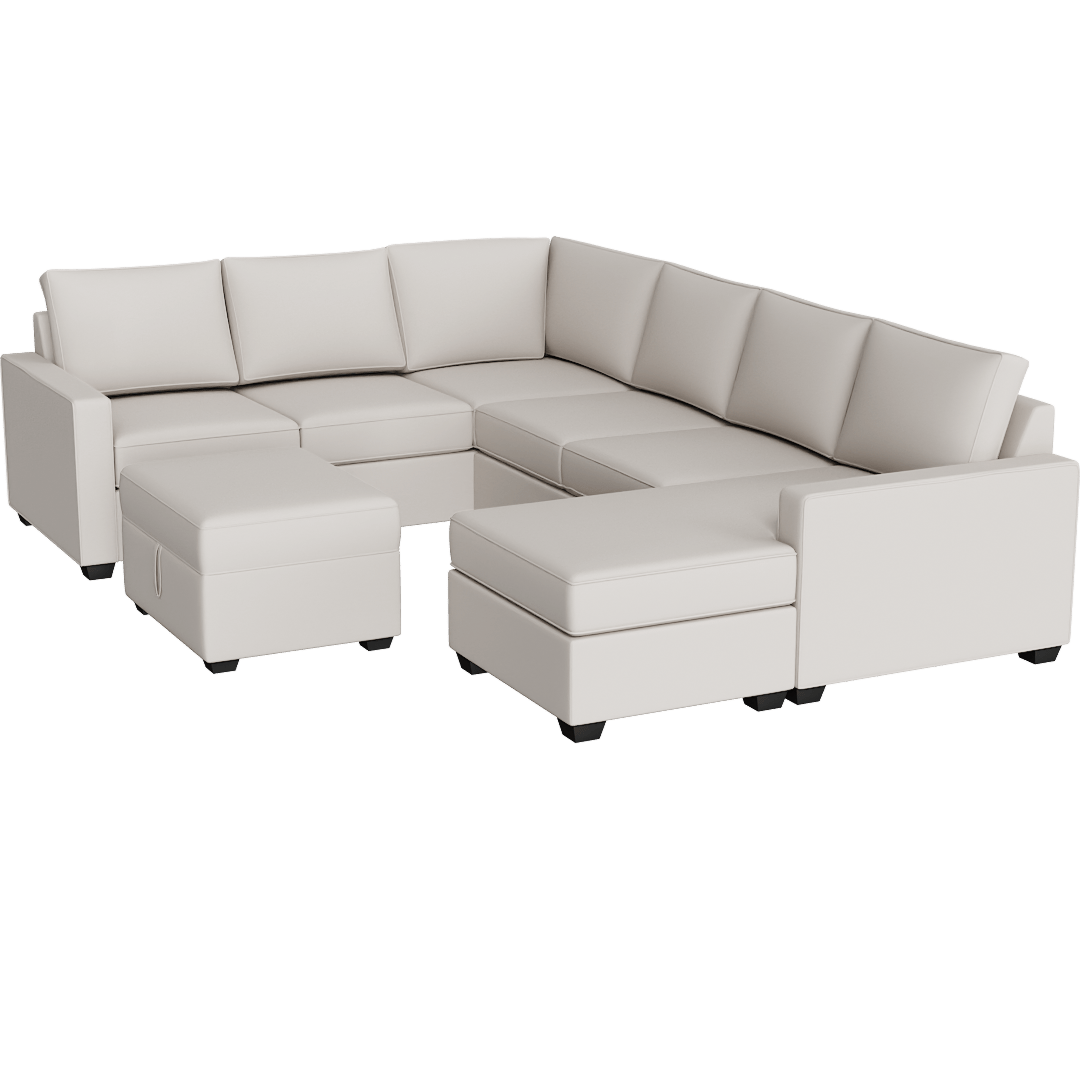 Mathers 125" 2 Piece L-Shaped Sectional With Right Arm Facing Queen Memory Foam Sleeper Sofa Bed Chaise & Ottoman, Cream Beige White Fabric