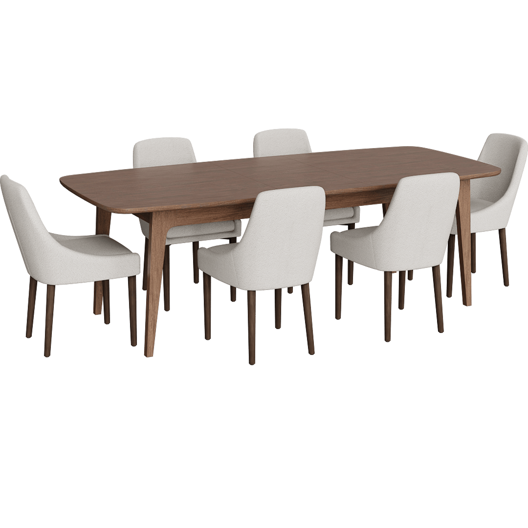 Casey Walnut Wood Self Storing Butterfly Leaf Extendable 72-90 Rectangular Dining Table With Nora Ivory Boucle Swoop Arm Dining Side Chair Set For 6