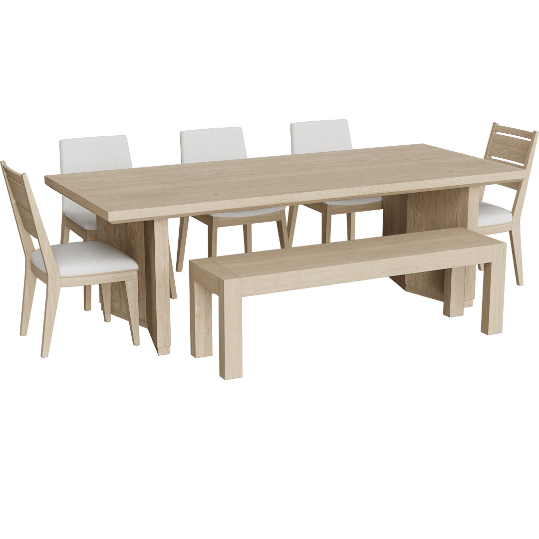 Voyage Natural Rectangular 94 Trestle Dining Table With Bench Upholstered + Wood Back Dining Table Chairs Set For 8 By Nate Berkus + Jeremiah Brent