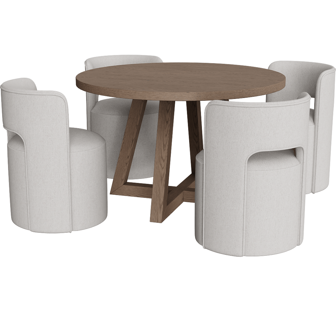 Lakeland Natural Brown Wood 48 Round Kitchen Pedestal Dining Table With Mika Cream Upholstered Cut Out Curved Back Barrel Dining Chair With Wheels Set For 4