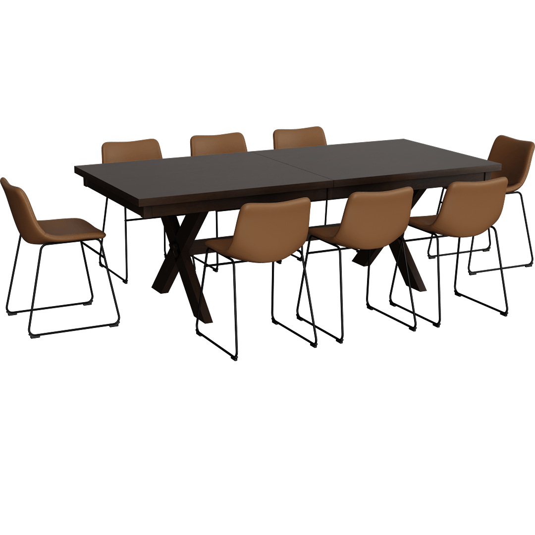 Pollie Brown Rectangular 72-90 Extendable Dining Table With Cobbler Mocha Faux Leather Bucket Seat With Baseball Stitch Dining Side Chair Set For 8