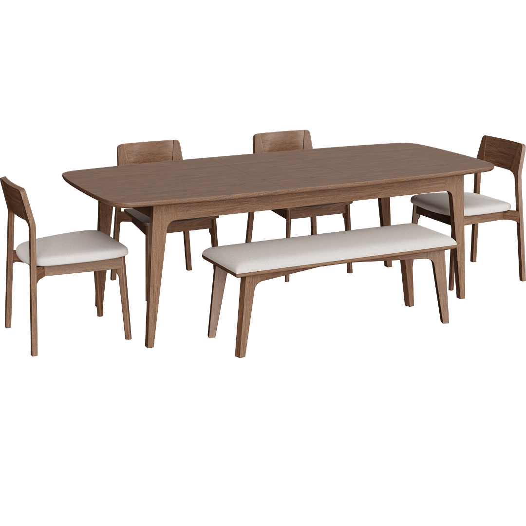 Casey Walnut Wood Self Storing Butterfly Leaf Extendable 72-90 Rectangular Dining Table With 2 Upholstered Chairs And 2 Wood Chairs And Upholstered Bench