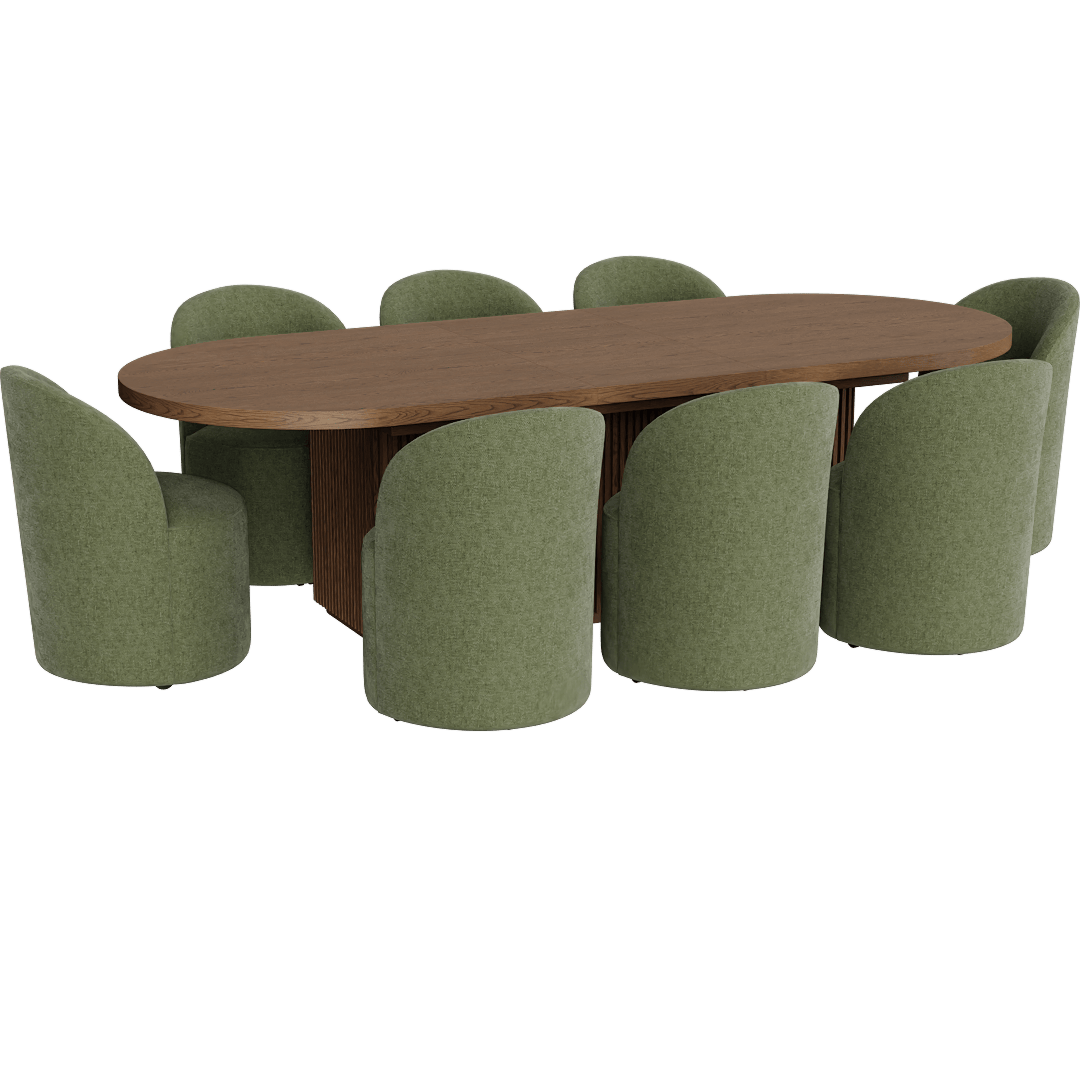 Kissa Brown Wood 90-108 Oval Extendable Reeded Plinth Base Dining Table With Mira Olive Modern Barrel Back Dining Chair With Wheels Set For 8