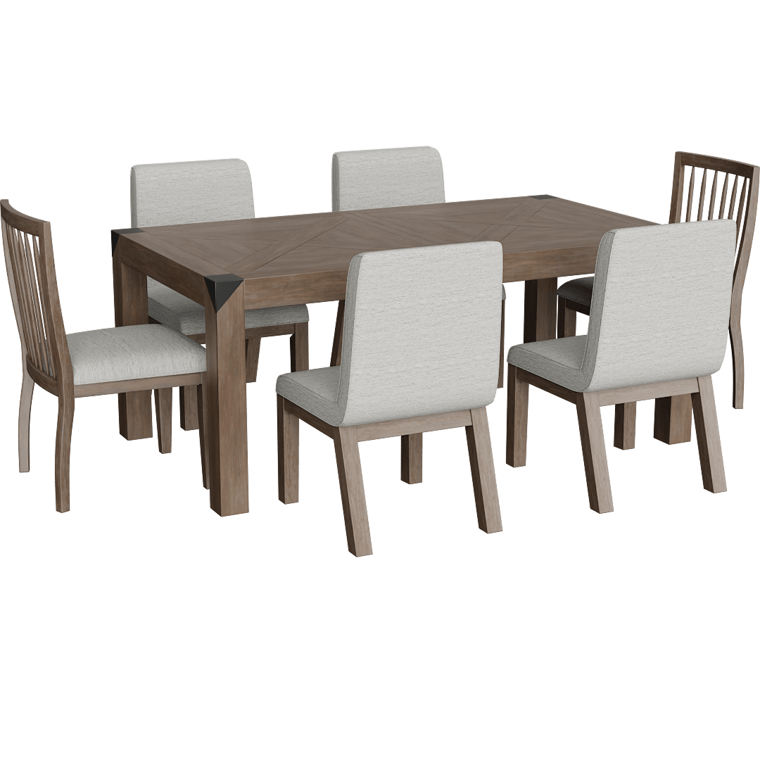 Luis Natural Rectangular 72-90 Extendable Dining Table With 4 Upholstered + 2 Wood Back Chair Set For 6, Acacia, Parsons