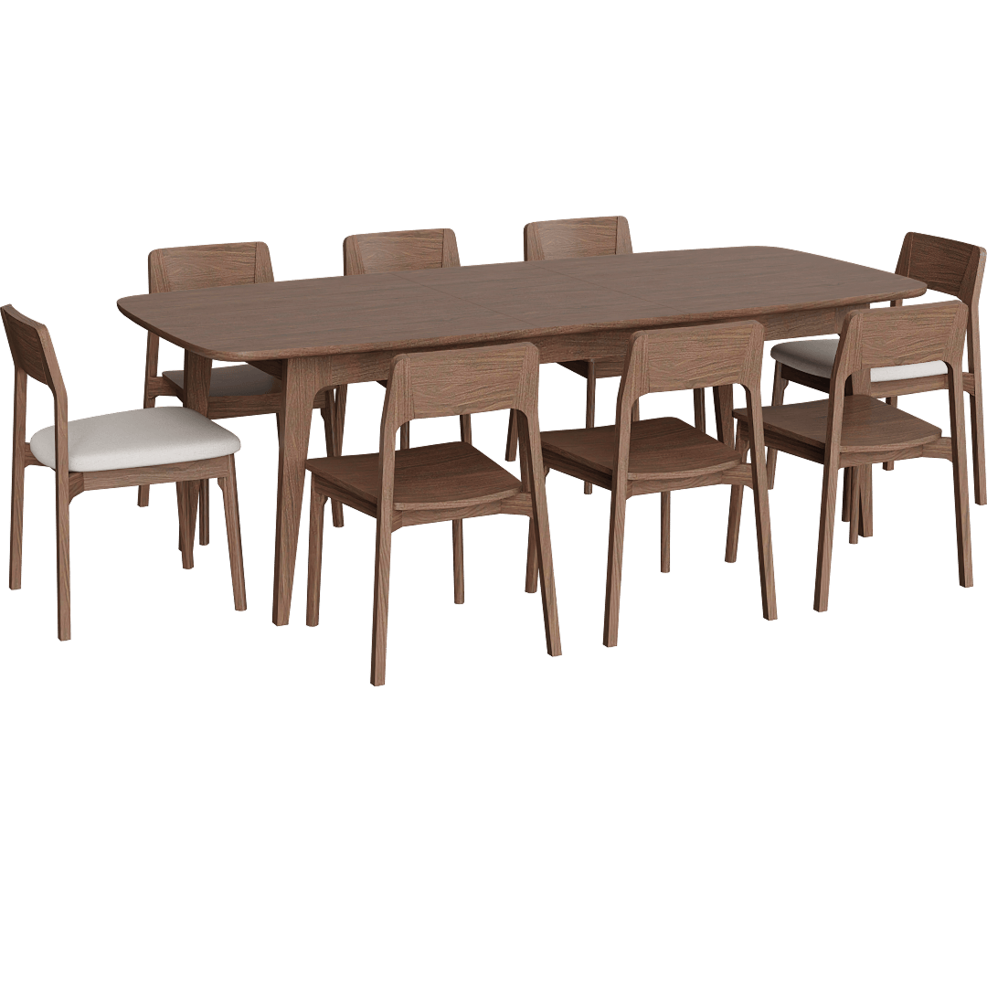 Casey Walnut Wood Self Storing Butterfly Leaf Extendable 72-90 Rectangular Dining Table With 2 Upholstered Chairs And 6 Wood Chairs