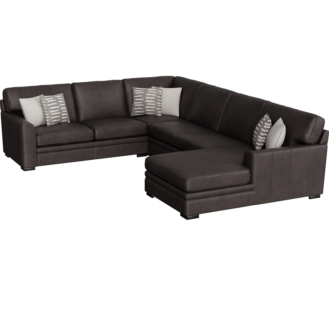 Greer 4 Piece 140 Modular U-Shaped Sectional With Right Arm Facing Chaise & Armless Loveseat, Deep Seated, Brown / Grey Natural Leather