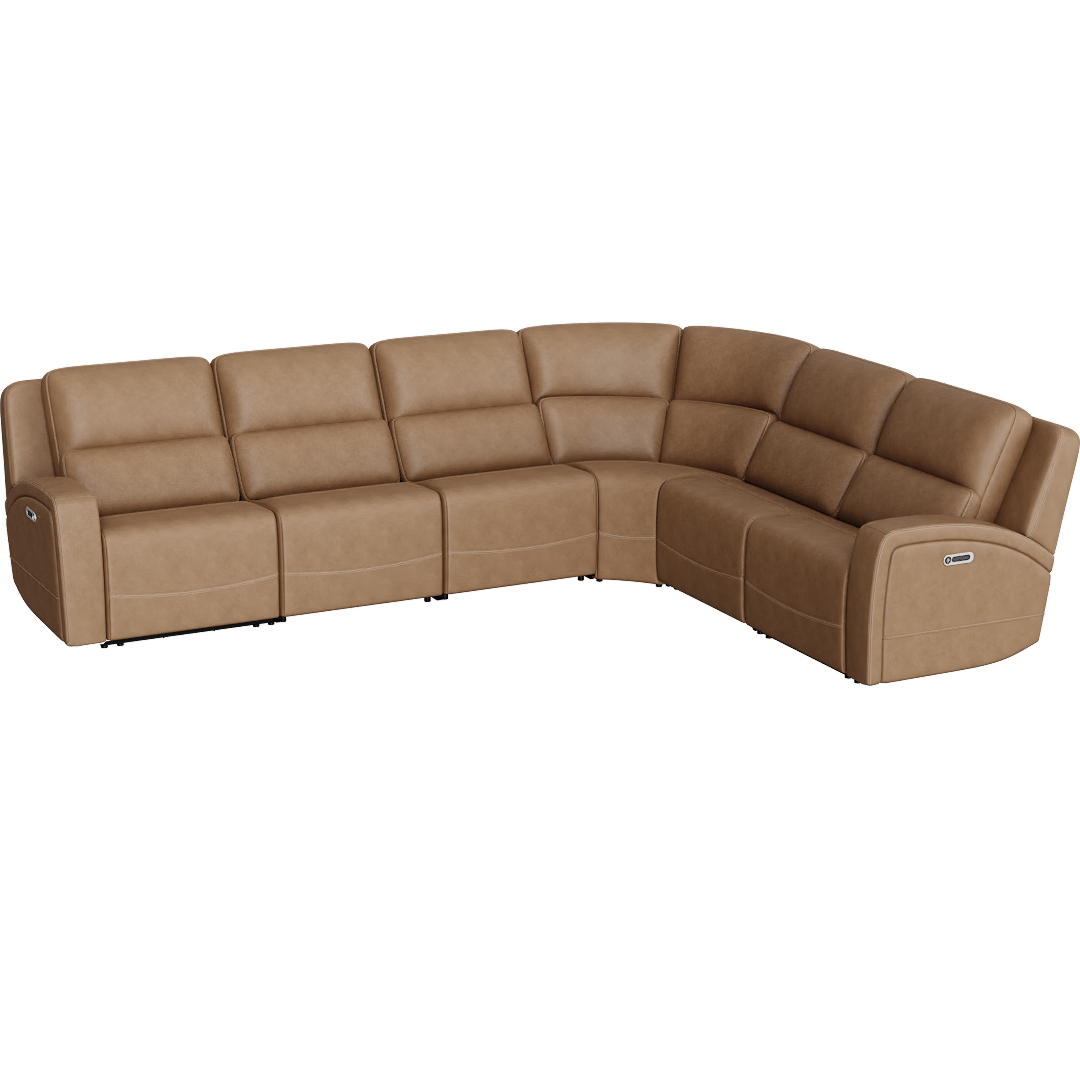 Liam Leather 140" 6 Piece Flexsteel Power Zero Gravity Reclining Modular Sectional With 2 Armless Chairs, Saddle Brown