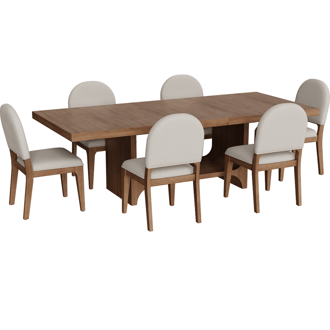 Westwood Brown + Cream Acacia Wood 78-96 Extendable Rectangular Pedestal Open Base Dining Table + Cream Upholstered Performance Fabric Curved Back Dining Chairs Set For 6