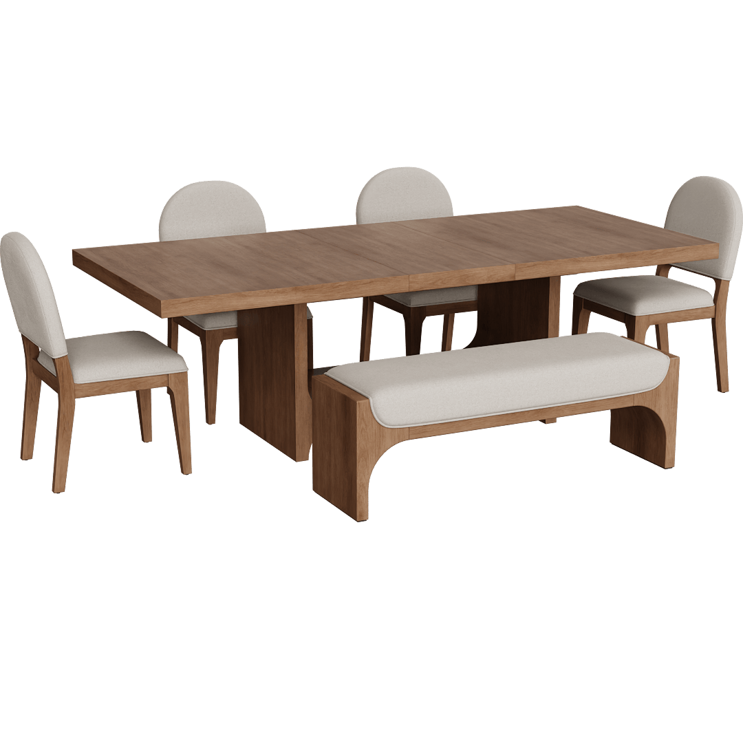 Westwood Brown + Cream Acacia Wood 78-96 Extendable Rectangular Pedestal Open Base Dining Table With Dining Bench + Cream Upholstered Performance Fabric Curved Back Dining Chairs Set For 6