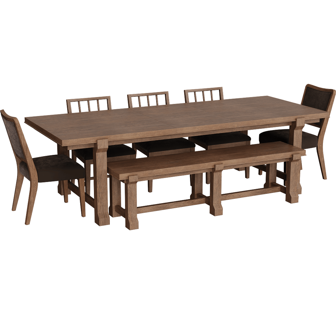Estate Brown 80"-104" Extendable Dining W Bench Uph + Wood Side Chair Set For 6 By Nate Berkus + Jeremiah Brent, Rectangular