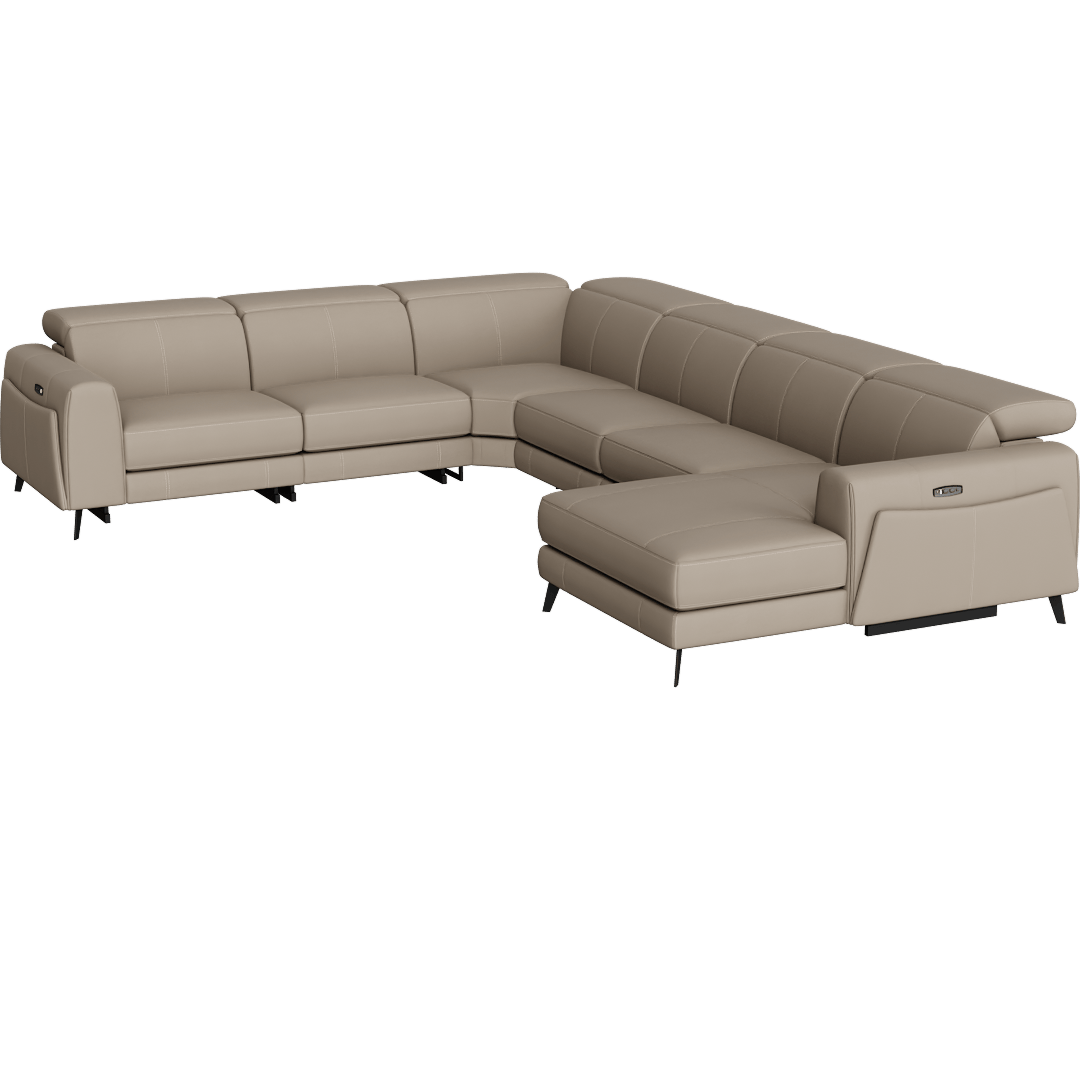 Cullen 143 6 Piece Power Zero Gravity Reclining Modular Sectional With 2 Armless Chairs Right Arm Facing Chaise Power Headrest Storage Hidden Cupholders & USB, Taupe Beige Leather