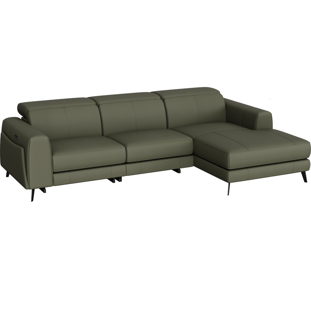 Cullen Leather 107" 3 Piece Power Zero Gravity Reclining Modular Sectional With Right Arm Facing Chaise Power Headrest Storage Hidden Cupholders & USB, Olive Green