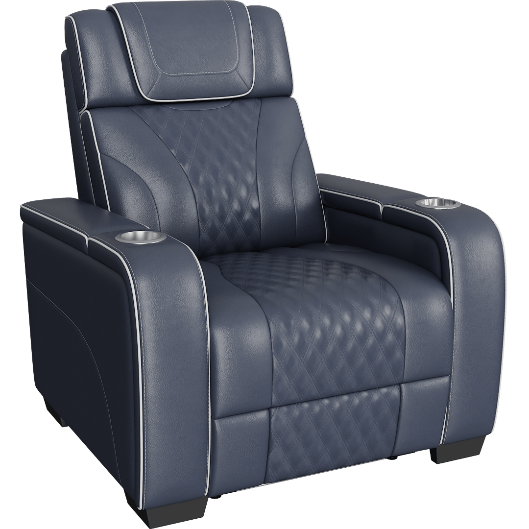 Greeley 37 Power Reclining Chair With Power Headrest Storage Arms With Cup Holders Air Massage And Heat Led Lighting And Charging Ports, Blue Leather